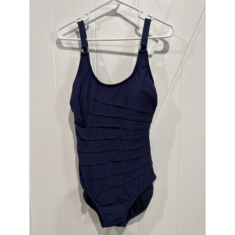 Calvin Klein Starburst One Piece Swimsuit Size 8 Navy Pleated Adjustable Strap